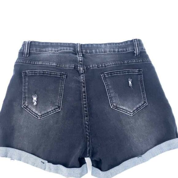 Black Jean Shorts, Distressed with Roll Hem, Large Juniors Summer Pant Short - Picture 2 of 3